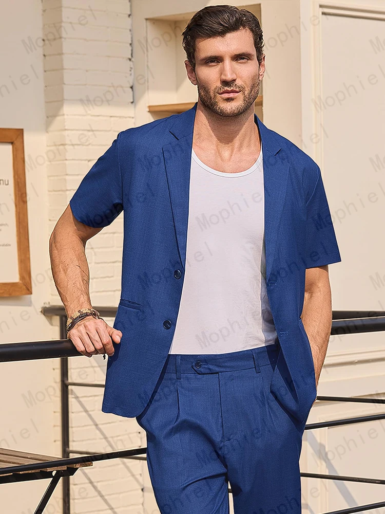 Picture 5: Mophiel Blue Linen Men Suits Short Sleeve Pants 2 Pieces Set Summer Beach Wedding Party Blazer Office Business Tuxedo Customized