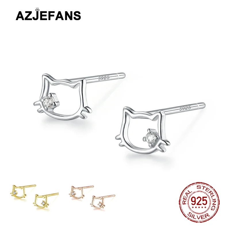 AZJEFANS 925 Sterling Silver Sparkling Zirconia Finish Cute Cat Simple Stud Earrings Fine Jewelry