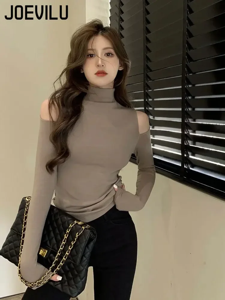 Turtleneck Off Shoulder Long Sleeve T-shirt Women\'s Thin Velvet Slim Bottom Shirt Spring and Autumn Korean Style Hollow Out Tops