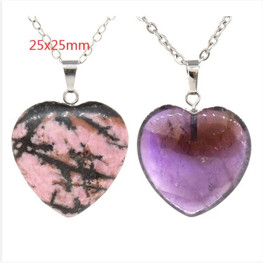 Charms 25mm Natural Crystal Heart Stone Pendant Necklace For Women Amethyst Rose Quartz Agate Choice Men Pendants Jewelry Gifts