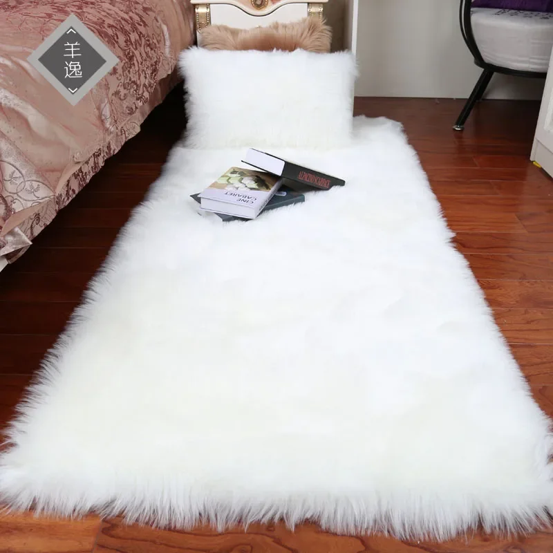 Plush White Sheepskin Bedroom Carpet Rug - Long Hair Bedside Mat for Cozy Living Room, Kids Carpets