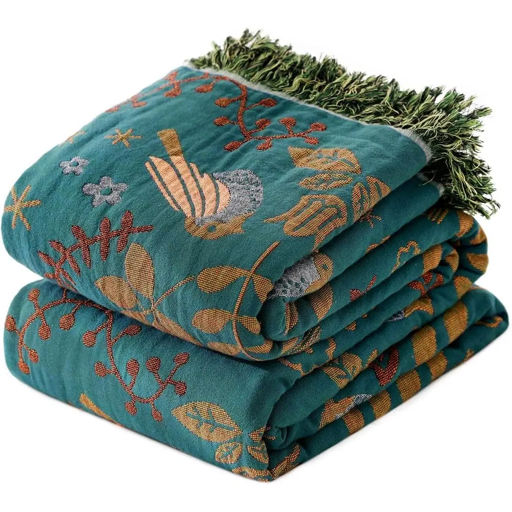 

100% Cotton Bohemian Style Quilt with Birds and Floral Embroidery, 90x108, All-Season Breathable Blanket for Bed or Couch
