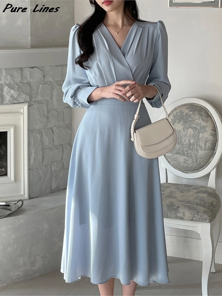

Women Korea V-neck Lantern Long Sleeve Midi Dresses Fashion A-line Casual Solid Dress for Office Lady Early Autumn New Clothing