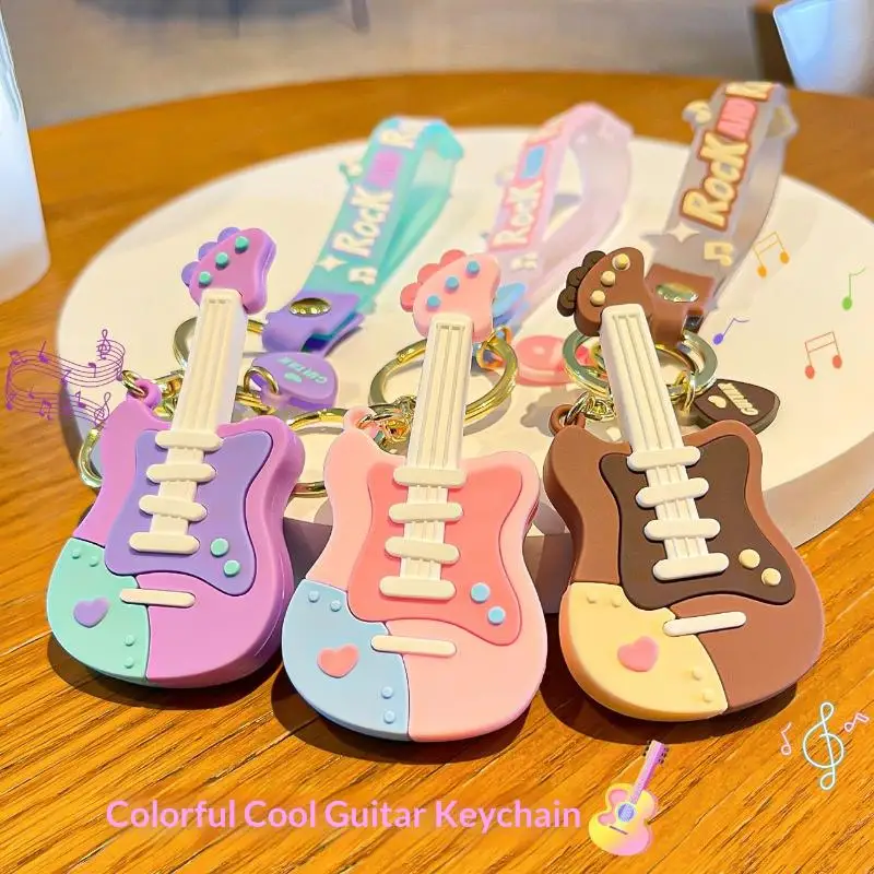 Niedlicher Cartoon-Gitarren-Schlüsselanhänger aus Silikon mit Handschlaufe, Pastell-Design für Taschendekoration, Geschenk für Musikliebhaber – Detail 11