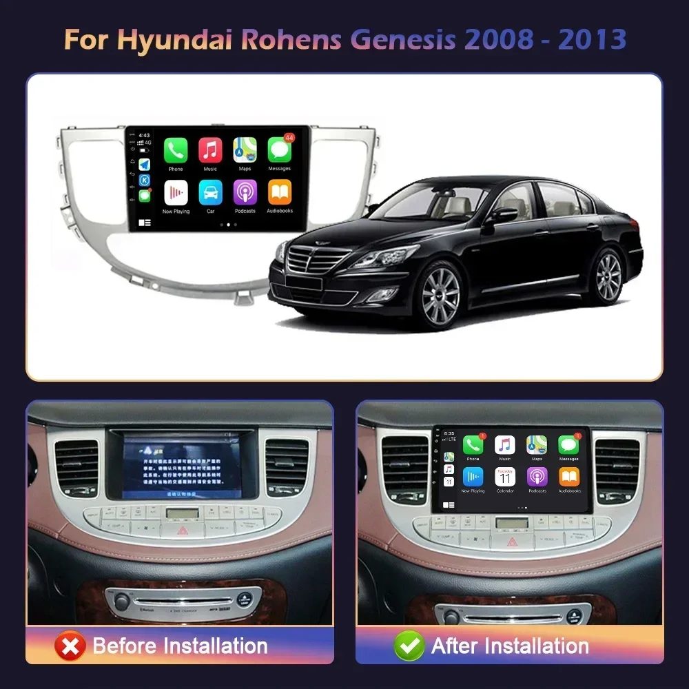 For Hyundai Rohens Genesis 2008-2013 Wireless Apple Carplay Stereo Android 14 Multimedia Navigation Head Unit Screen 2 DIN Radio