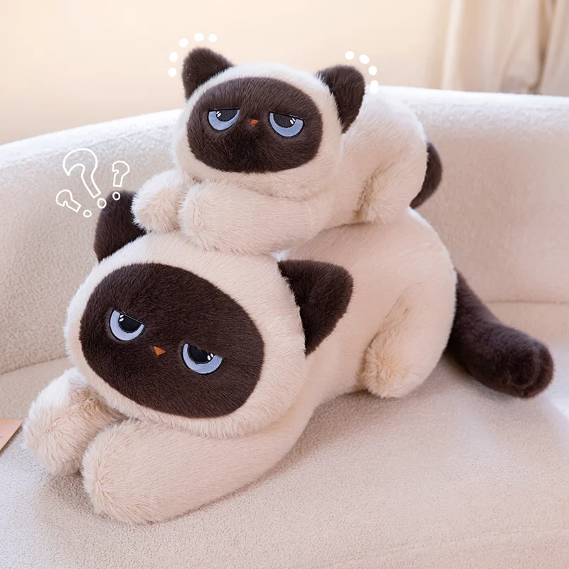 Cuscino lungo in peluche con gatto siamese, bambola di peluche morbida, cuscino per gatto siamese sdraiato per regalo di decorazione della stanza del divano
