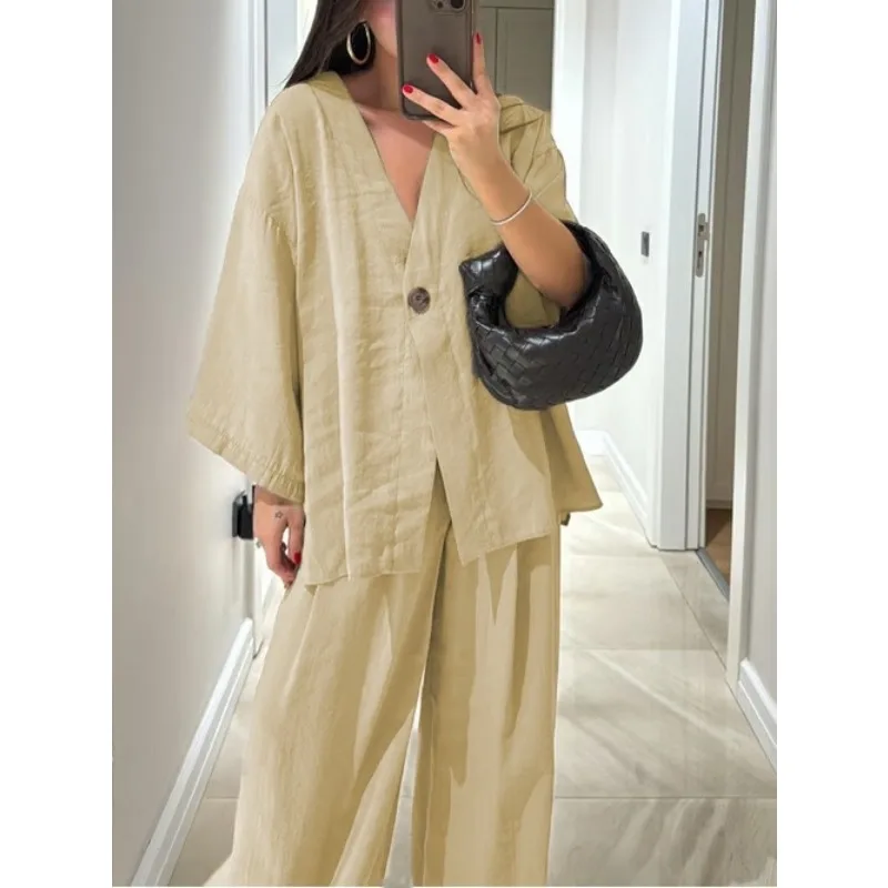 2025 Casual Cotton Linen Loose Long Pants Suits Fashion Half Bubble Sleeve V-neck One Button Shirt Set Lady Summer Street Outfit