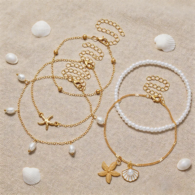Ocean Style Five-Layer Anklet Set, Gold Starfish and Shell Pendants with Faux Pearl Beaded Anklets, Beach Vacation Accessories