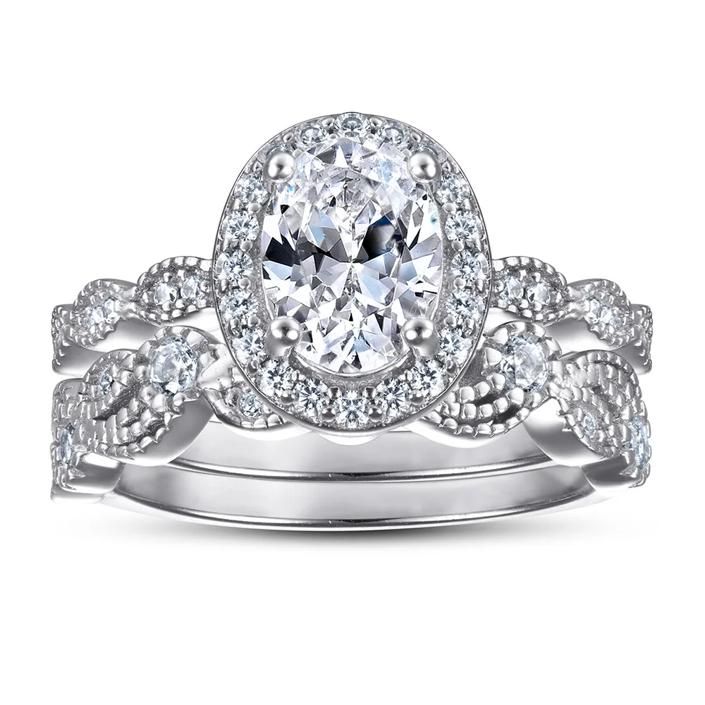 

S925 pure silver plated 18K gold PT950 platinum simulated diamond engagement ring set with retro patterned index finger ring