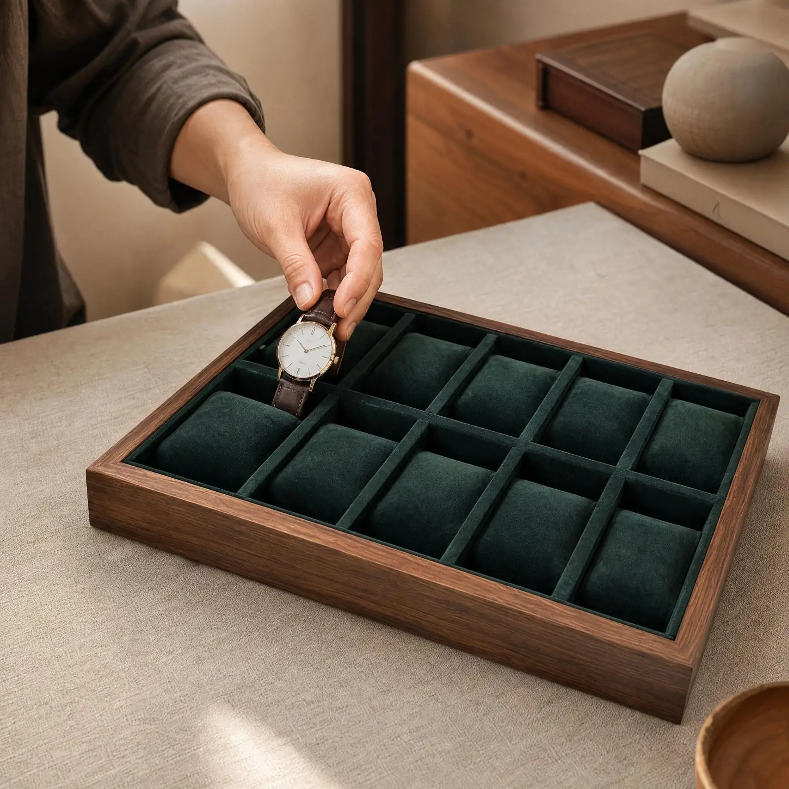 Luxury Watch Tray Organizer for Daily Use with Leather Trim and Velvet Padding for Safe Timepiece Storage