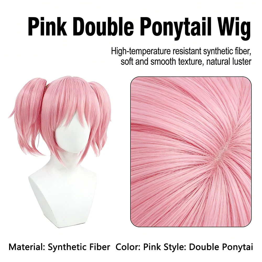 Madoka Kaname Cosplay Wig 10 Inches Short Pink Double Ponytail Heat Resistant Synthetic Hair For Halloween Party Daily Wear