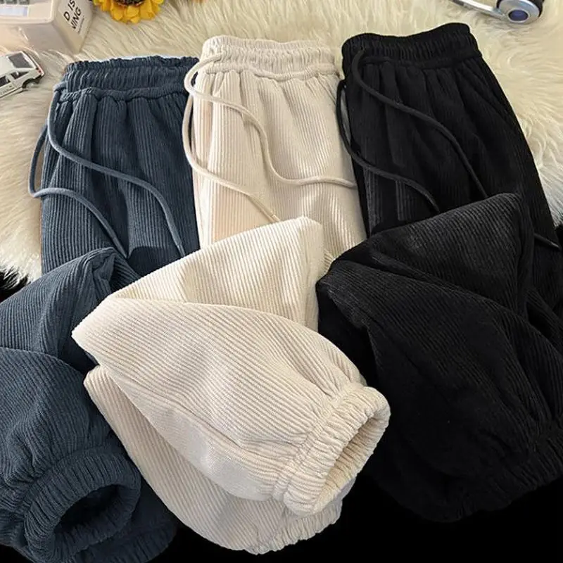 Men's Fleece Sweatpants Thickened Corduroy Wear-resistant Casual Ankle Cuffs Pants Loose Elastic Sport Thermal Harem Pants