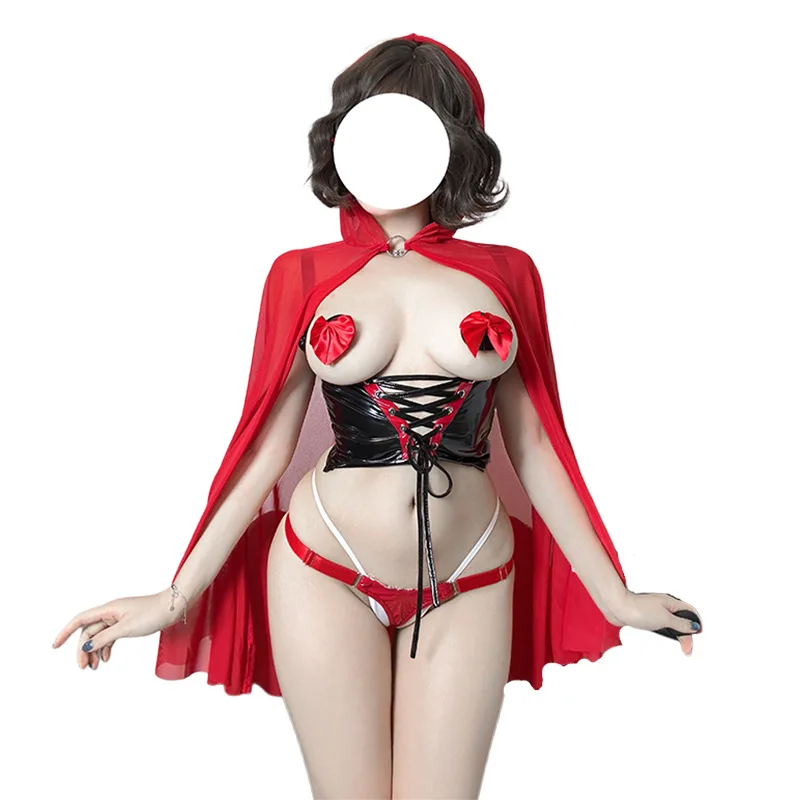 Anime Little Red Riding Hood Sexy lingerie Cosplay Costume Women Open Bra Crotchless Bodysuit Hot Erotic Clothes Nightdress Suit