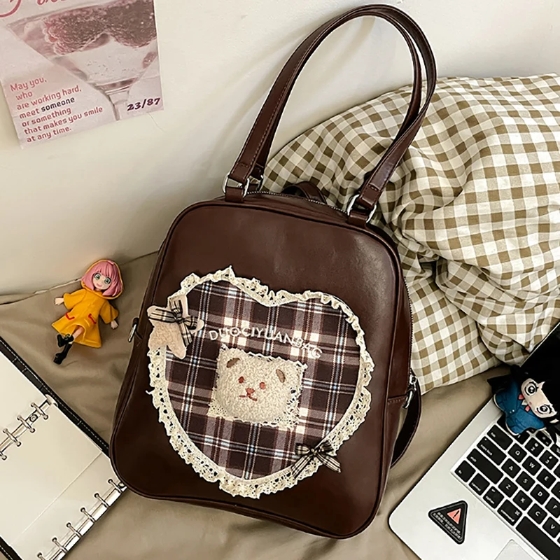 

Richme Vintage Maillard Backpacks Women 2025 PU Plaid Bear Crossbody Shoulder Bags Students Large Capacity Commute Bolso Mujer