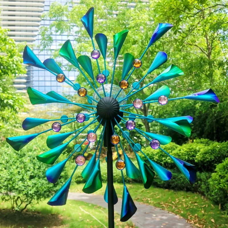 Solar Light Wind Spinners Color Changing Garden Decor Double Sided Horn Blade Pinwheel with Glass Globes Outdoor Lawn Ornaments