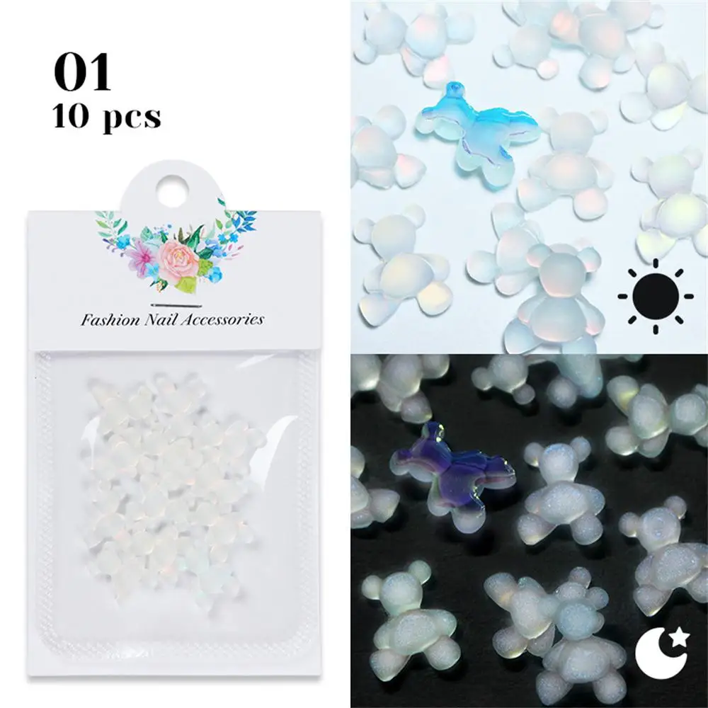 플라워 네일 참 3D 귀여운 네일 아트, 오로라 팬텀 나이트 라이트 곰 마카롱 매트 곰 네일