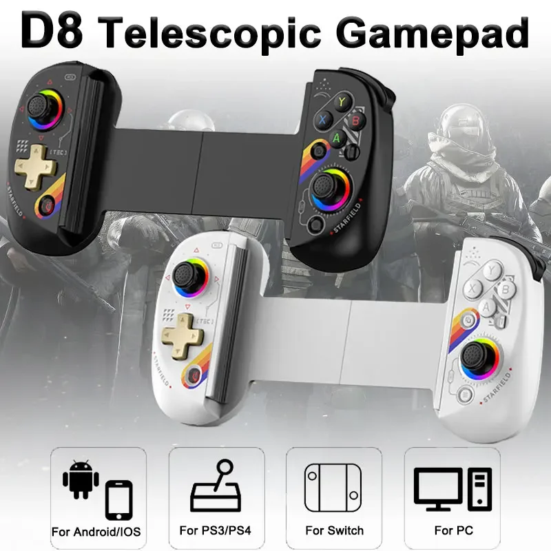 D8 Dual Hall Flexible Wireless Gamepad RGB Tablet Controller for Switch Gaming BT Stretch Joystick for P3 P4 Android IOS