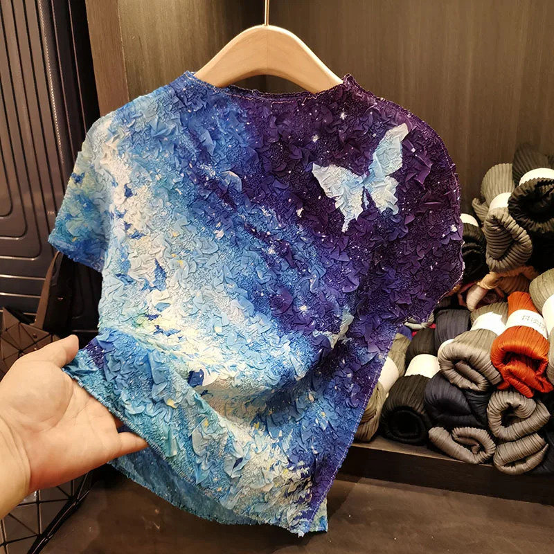 

Miyake Pleated T-shirt 2025 Summer New Gradient Color Tie-dye Print Fold Top Miyake Niche Hundred Short-sleeved Pleat T-shirt
