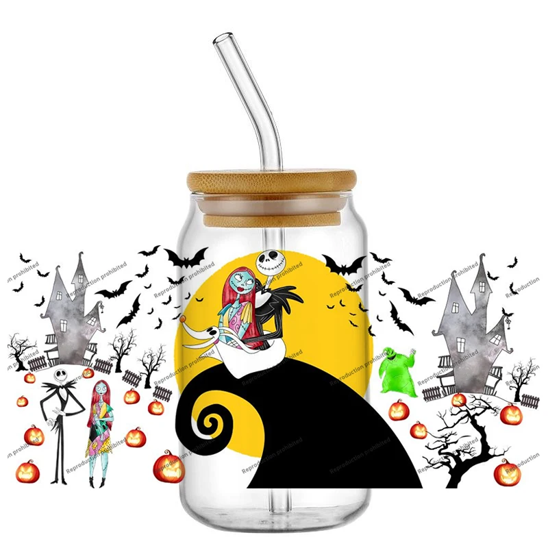 New Designs Happy Halloween Lovely Jack Skellington Sally for 16oz UV DTF 3D Sticker Decals Tumblers Glass Can Cups Mugs