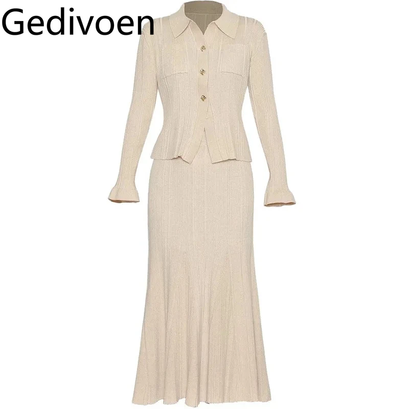 Gedivoen Autumn and Winter Women's Suit Turn-Down Collar Single-Breasted Long-Sleeved Tops+Elastic Waist Slim Skirt 2 piece set