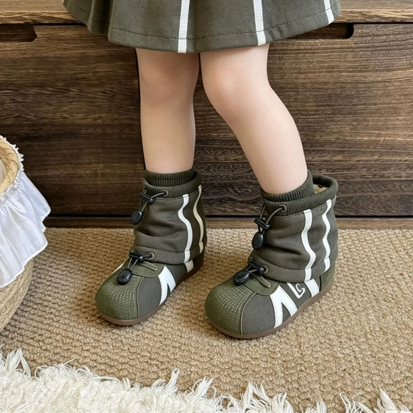 Kids'Snow Boots PU Leather Winter Fashion Outdoor Flat Thick Bottom Shoes For Children Warm Anti-slip Black Green Size 26-36
