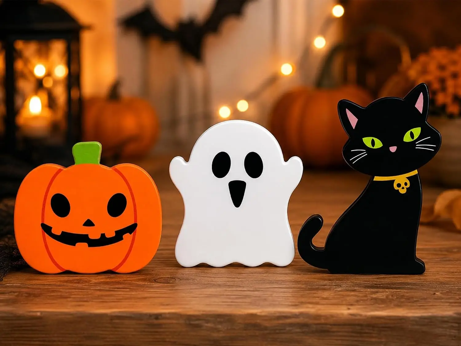Halloween Decorations for Indoor Home 3 Pcs, Cute Wooden Pumpkin Ghost Black Cat Decor for Tabletop