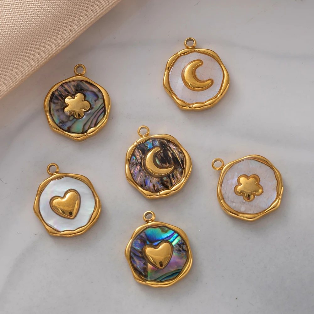 2Pcs 18K Gold Plated Stainless Steel Charms Colorful Shell Moon Irregular Circular Pendant For DIY Necklace Jewelry Making image 5