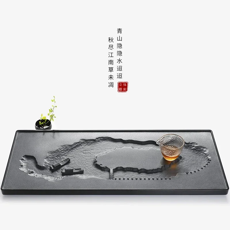 Natural black stone tea tray home whole stone hand-carved table simple and luxurious living room office sea