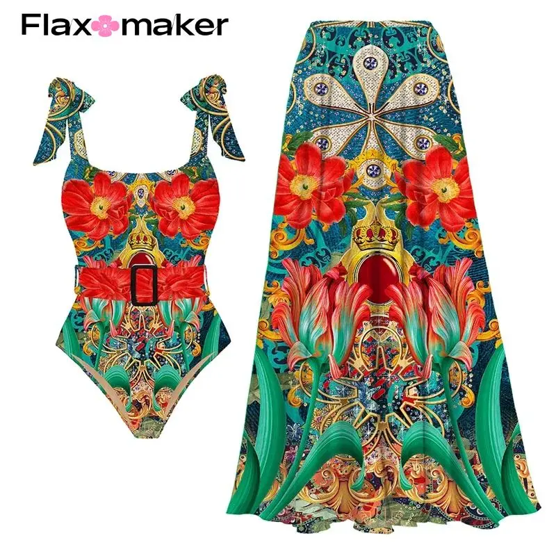 FLAXMAKER Printed One Piece Swimsuit Set Tankini Beach Wear Printed Bathing Suit bodysuit wholesale clearance