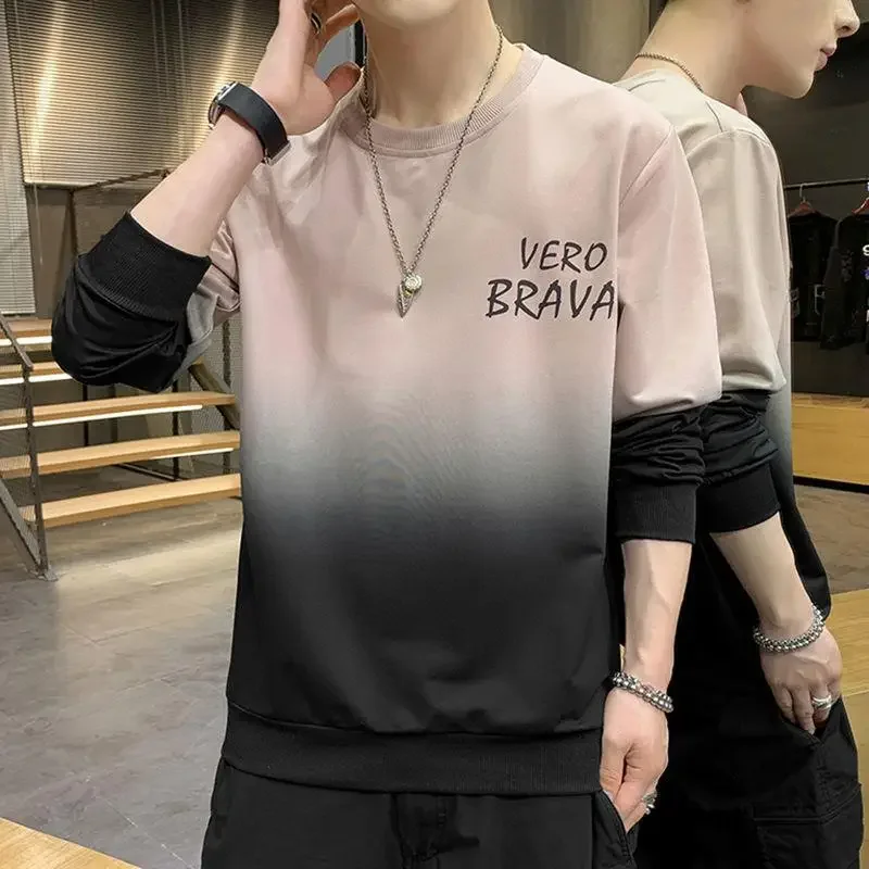 Sweatshirts Round Neck Tight Gradient Man Pullovers Slim Fit T Shirt for Men Fashion Trends 2024 Xl Emo One Piece Social Casual