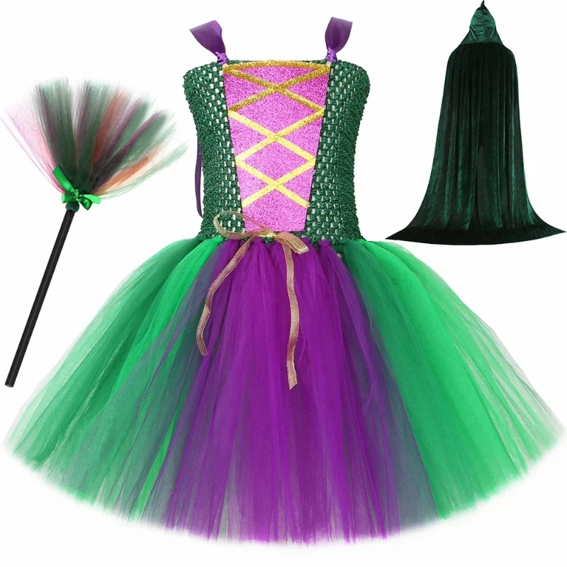 Girls Hocus Pocus Sanderson Sisters Tutu Dresses & Capes For Kids Halloween Witch Cosplay Costumes Children Fancy Gown Dress 12T