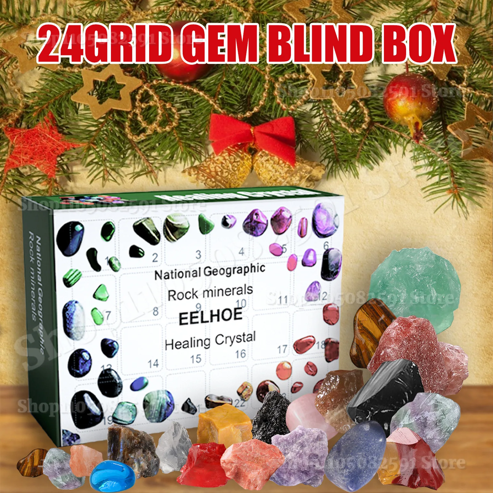 

24 Day Stone Advent Calendar Rock Mineral Crystal Collection 24 Grid Christmas Countdown Calendar Educational Gift for Kids