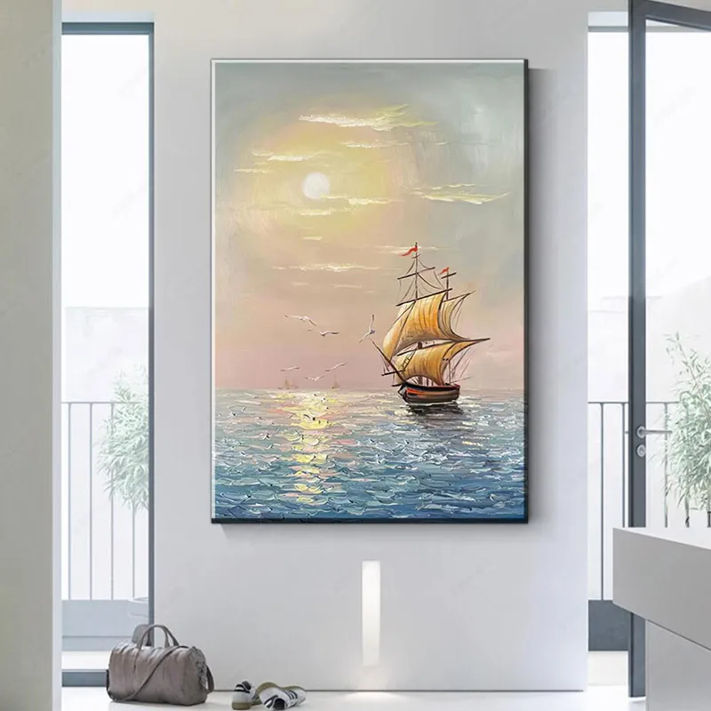 

Still Life Sailboat Poster, Printed Canvas Painting, Wall Mounted Seaside and Sea View Oil Painting Printed Poster, with Frame A