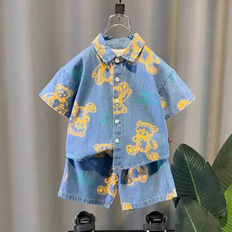 

Boys summer jeans short-sleeved shirt set 2024 new children's two-piece children's fashion handsome clothes boys