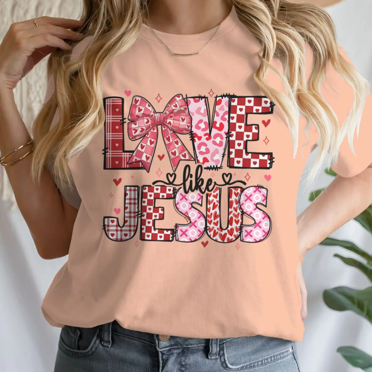 Camiseta de manga corta cristiana de San Valentín, camiseta gráfica Love Like Jesus, regalo cristiano para mujer, Tops informales con lazo coqueta de San Valentín