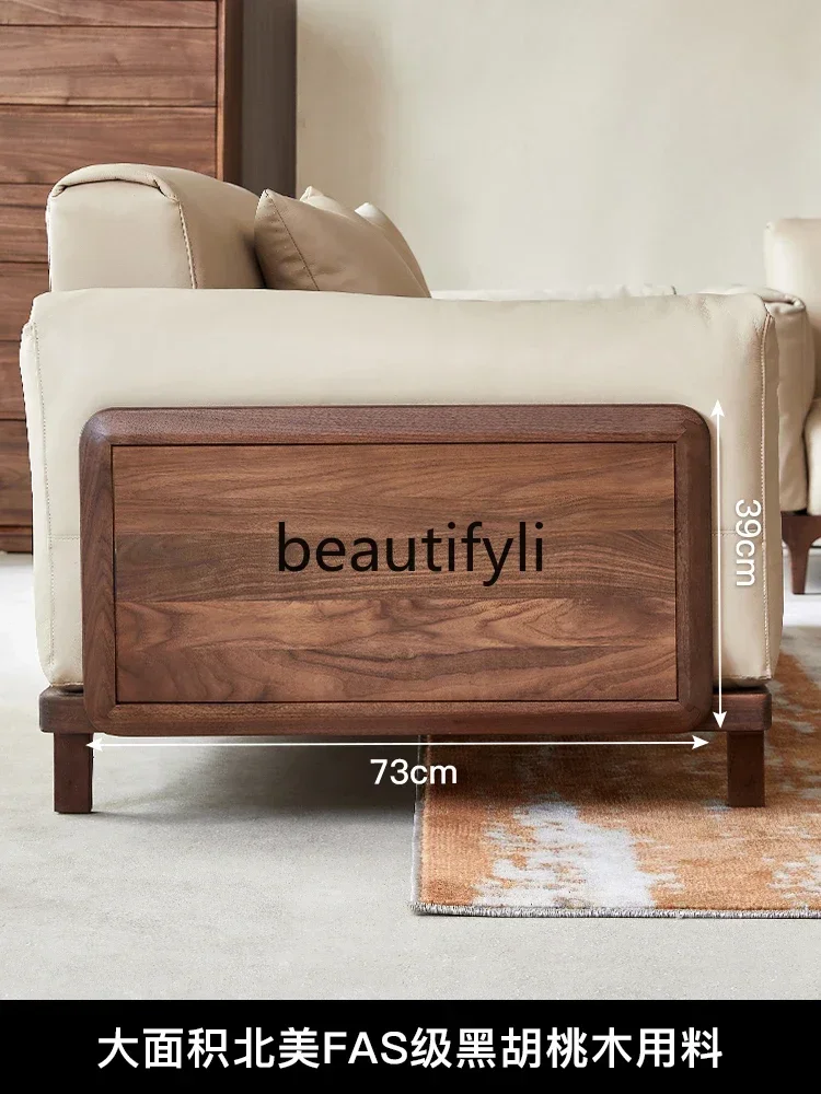 North American black walnut sofa leather living room straight row sofa solid wood light luxury four peopleQQ