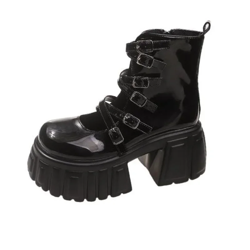 Botines de plataforma gótica para mujer, botas de tacón alto con remaches y hebilla, zapatos de calle para fiesta, marca Punk, 9CM