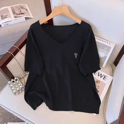 Up To 175kg 6XL 7XL Large Women's Summer Ice Silk Knitted Tops Fat Female Show Thin Casual Loose Short Sleeve T-shirt Tees Tops