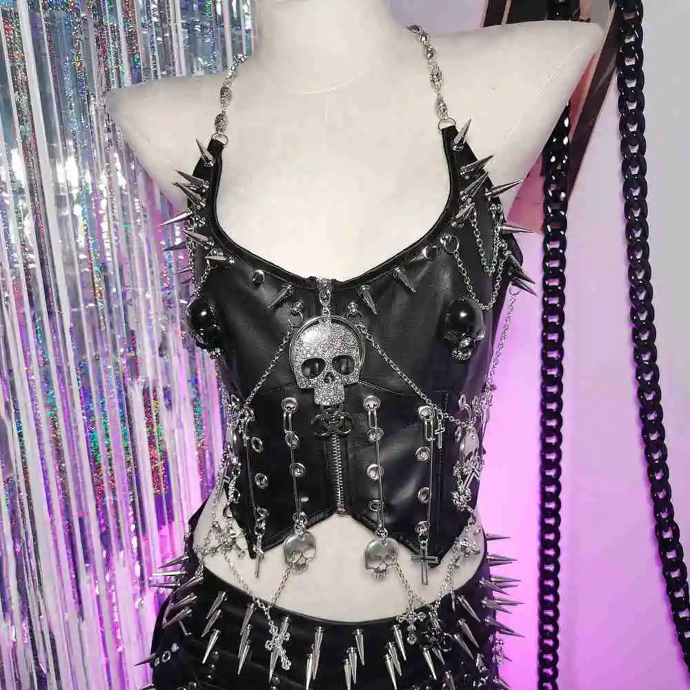 

Grunge Goth E-Girls Harajuku Emo Fashion Revival Y2K Halter Camisole TOPS Skull Punk Rock Gothic Spike Studded Rivet Cross Chain