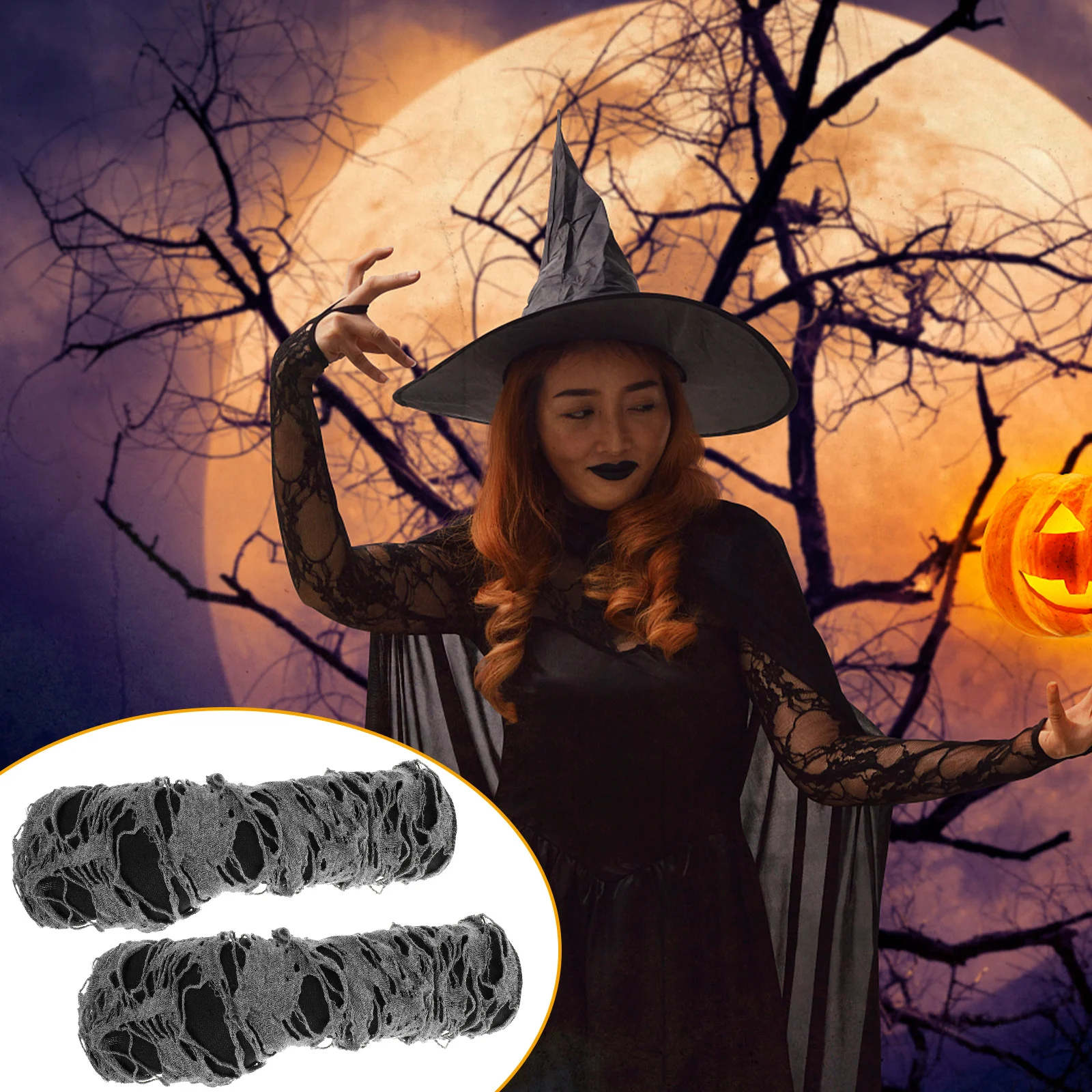 1 Pasang Sarung Tangan Punk Hitam Abu-abu Desain Kain Robek Halloween Sarung Tangan Jari Terbuka Untuk Perlengkapan Halloween Kostum Unik