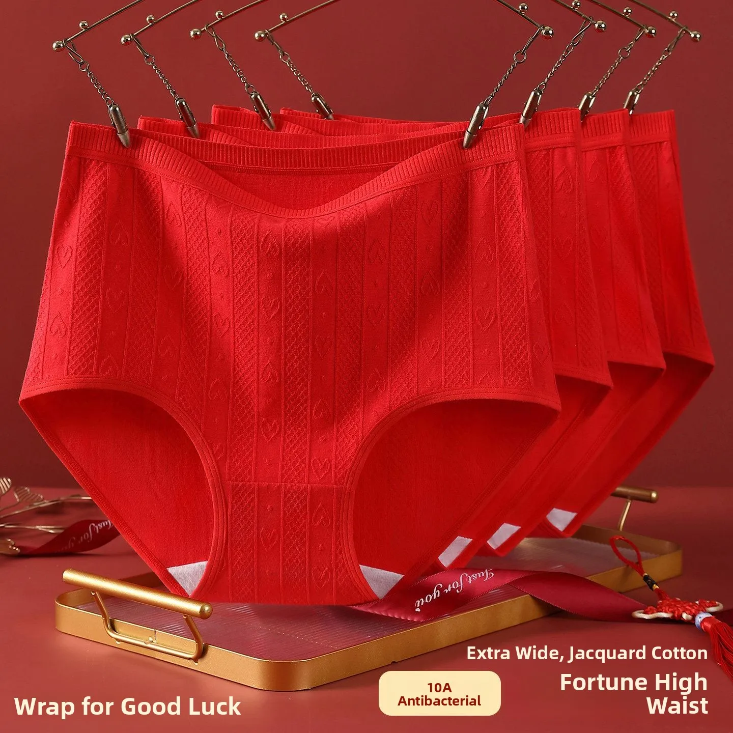 High Waist Pure Cotton Underwear Women's Red  Embroidery Three Angle Pants Breathable Comfortable Soft Cotton Briefs