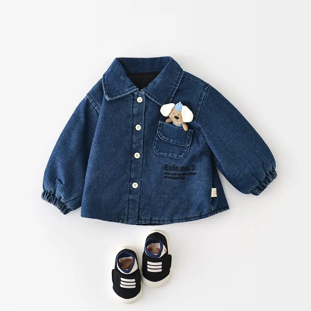 

2025 Winter New Baby Fleece Denim Coat Infant Cute Dog Shirts Boys Plus Velvet Thick Shirts Coat Toddler Girls Warm Jacket