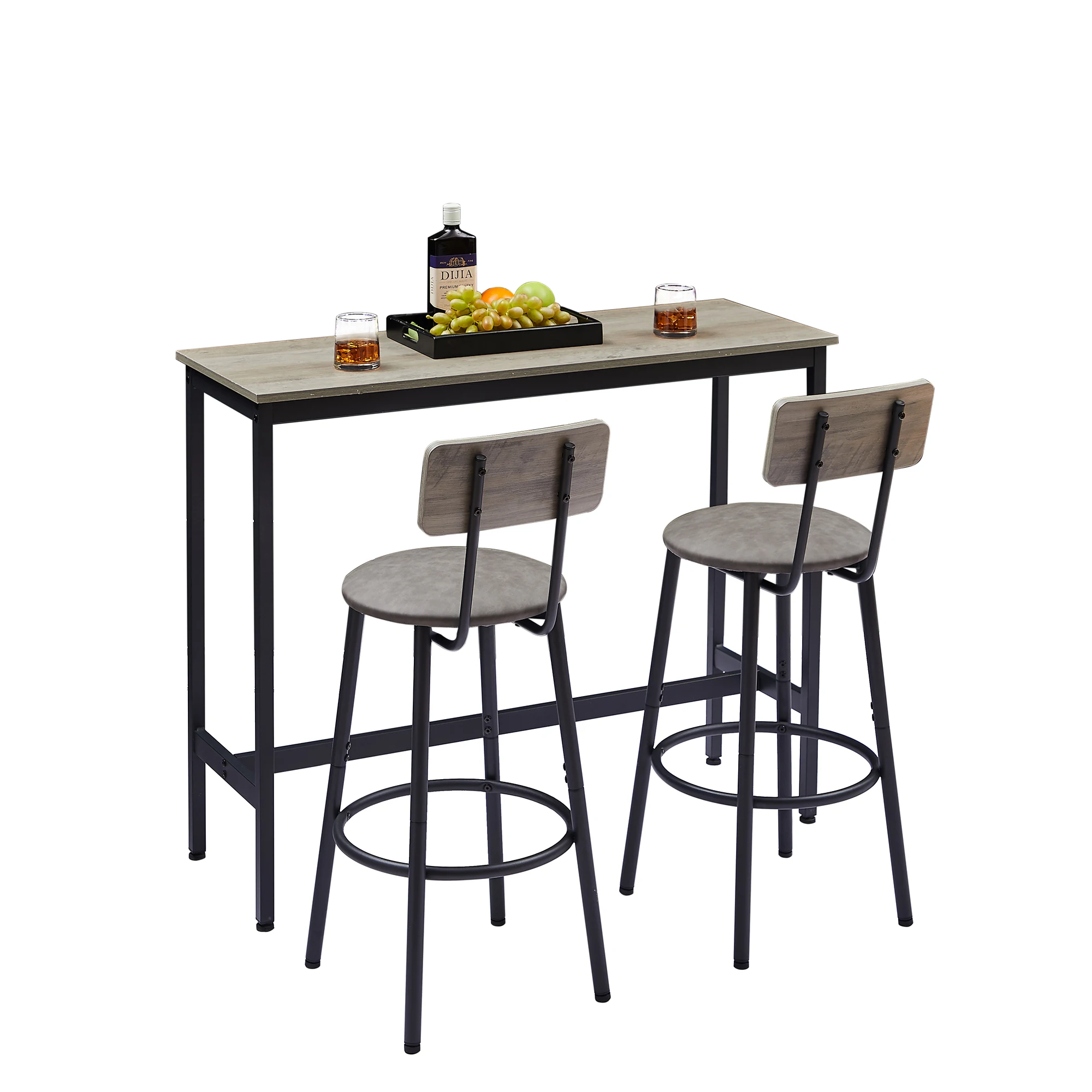

Bar Table Set with 2 Bar stools PU Soft seat with backrest, Grey, 43.31'' L x 15.75'' W x 35.43'' H.