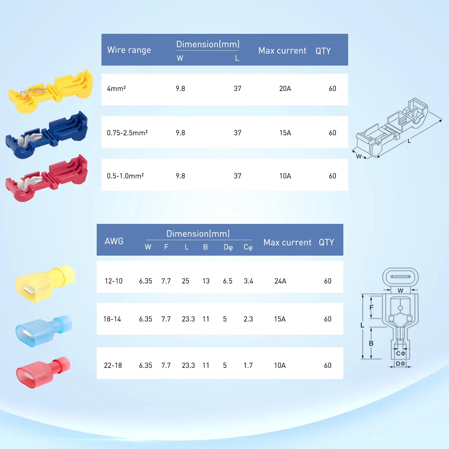 T-Tap Wire Connectors, Self-Stripping Quick Splice Electrical Wire Terminals, Insulated Male Quick Disconnect Spade Terminals