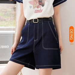 2024 Summer Denim Shorts Women Jeans Elegant Chic High Waist Loose Casual Deep Blue Cowboy Wide Leg Short Pants Female C3290