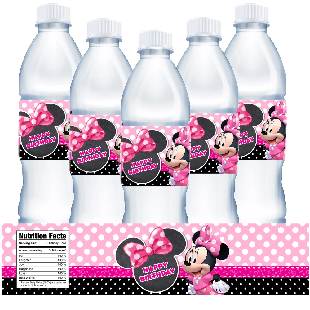 Disney-Etiquetas de Minnie Mouse para botella de agua, pegatinas minerales para decoración de Baby Shower, suministros de decoración para fiesta de