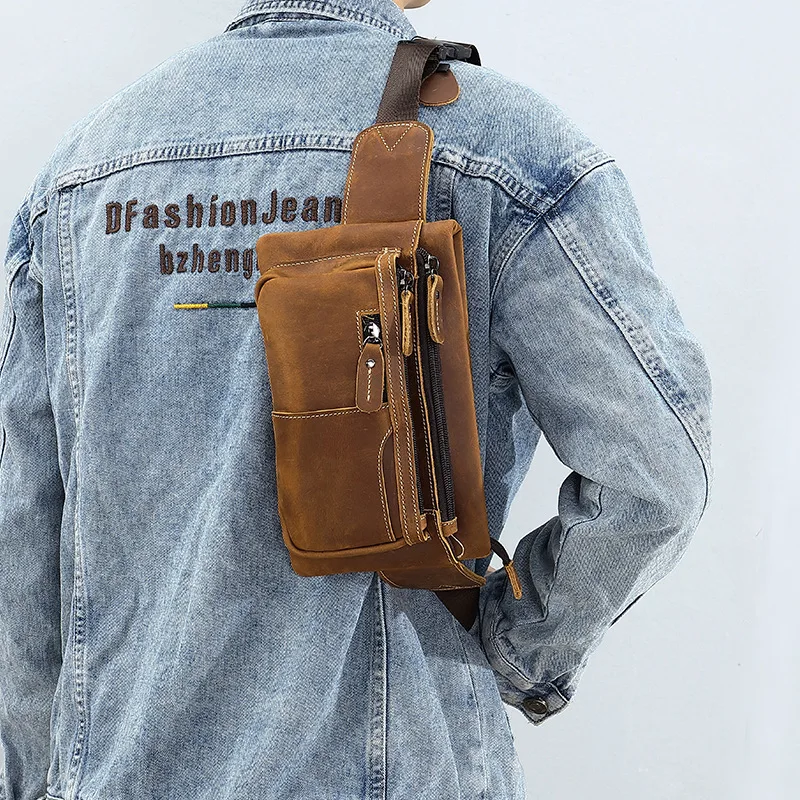 Chest bag retro men's bag leather waist bag outdoor sports cowhide satchel scooter multi-function waterproof