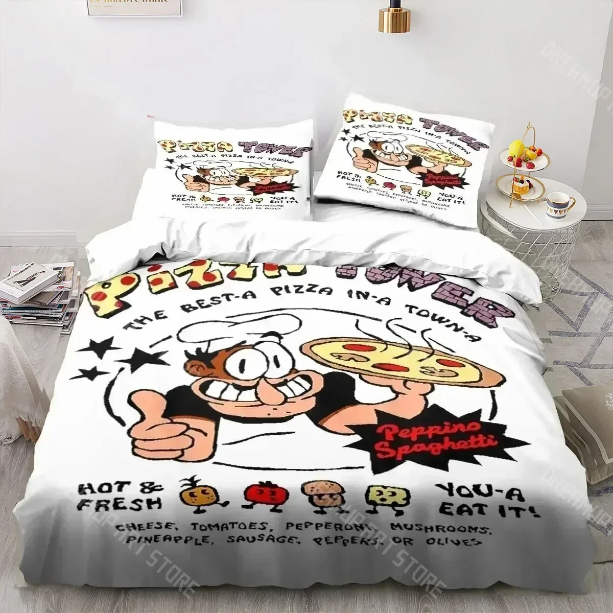 2026 3D Print Pizza Tower Classic Pixel Style Game Bedding Set Boys Girls Twin Queen King Size Duvet Cover Pillowcase Bed Boys A
