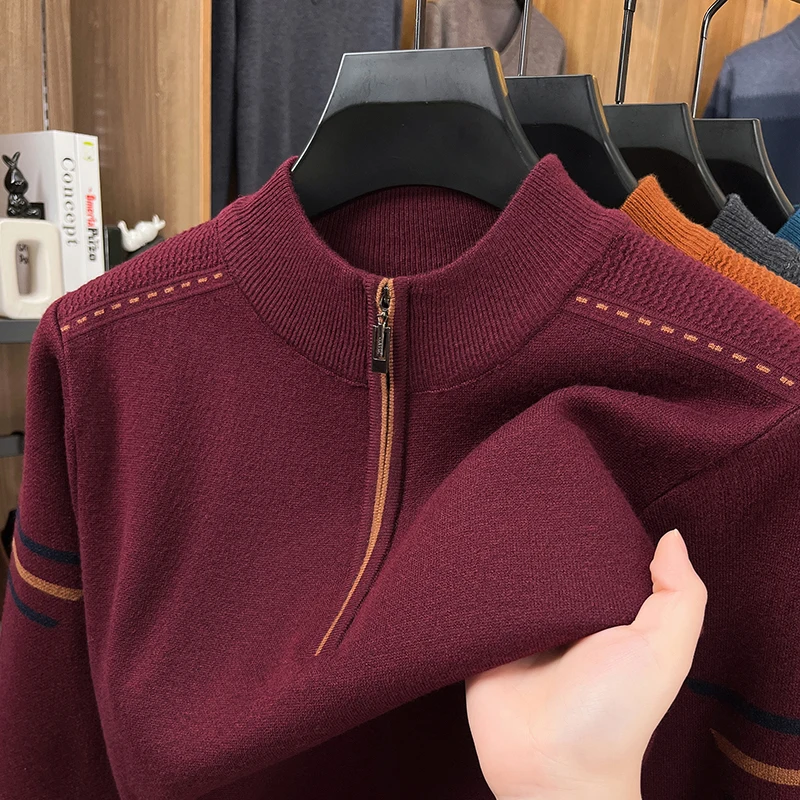 เสื้อสเวตเตอร์ไหมพรมคอตั้งแบบหนา อุ่นสบาย สไตล์ใหม่ ฤดูใบไม้ร่วงและฤดูหนาว ปี 2025 เสื้อสเวตเตอร์ผู้ชายแบบซิปครึ่งตัว เสื้อซับในผู้ชาย