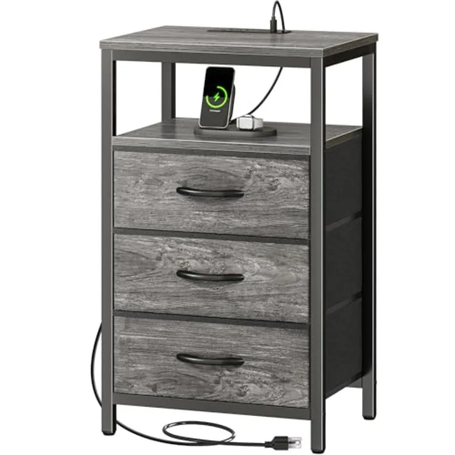 

Nightstand with Charging Station 27.6 Inch End Table Bedside Table with USB Ports and Outlets Night Stand for Bedroom Fabric Dr
